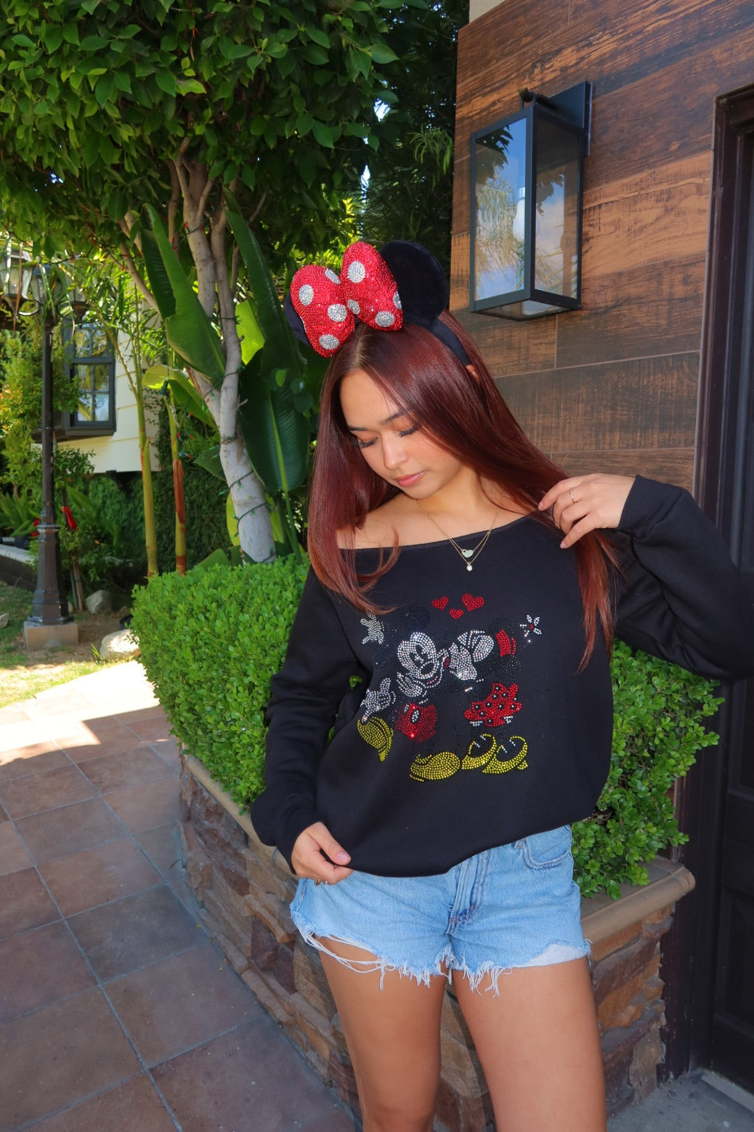 Off the Shoulder Mouse Lovers Rhinestone Crewneck