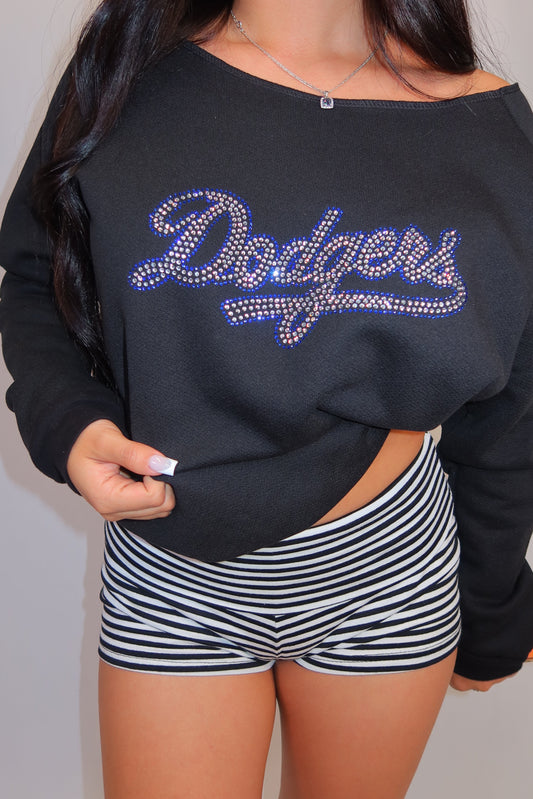 Off The Shoulder Dodgers Rhinestone Crewneck