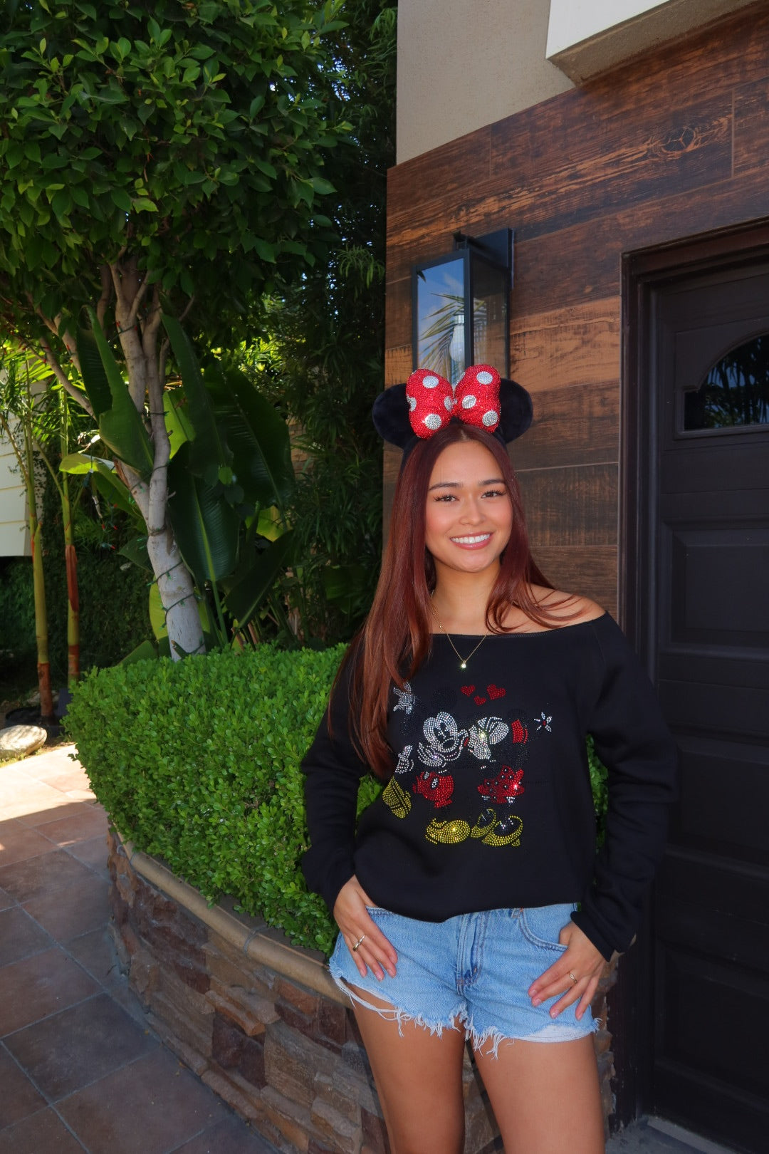 Off the Shoulder Mouse Lovers Rhinestone Crewneck